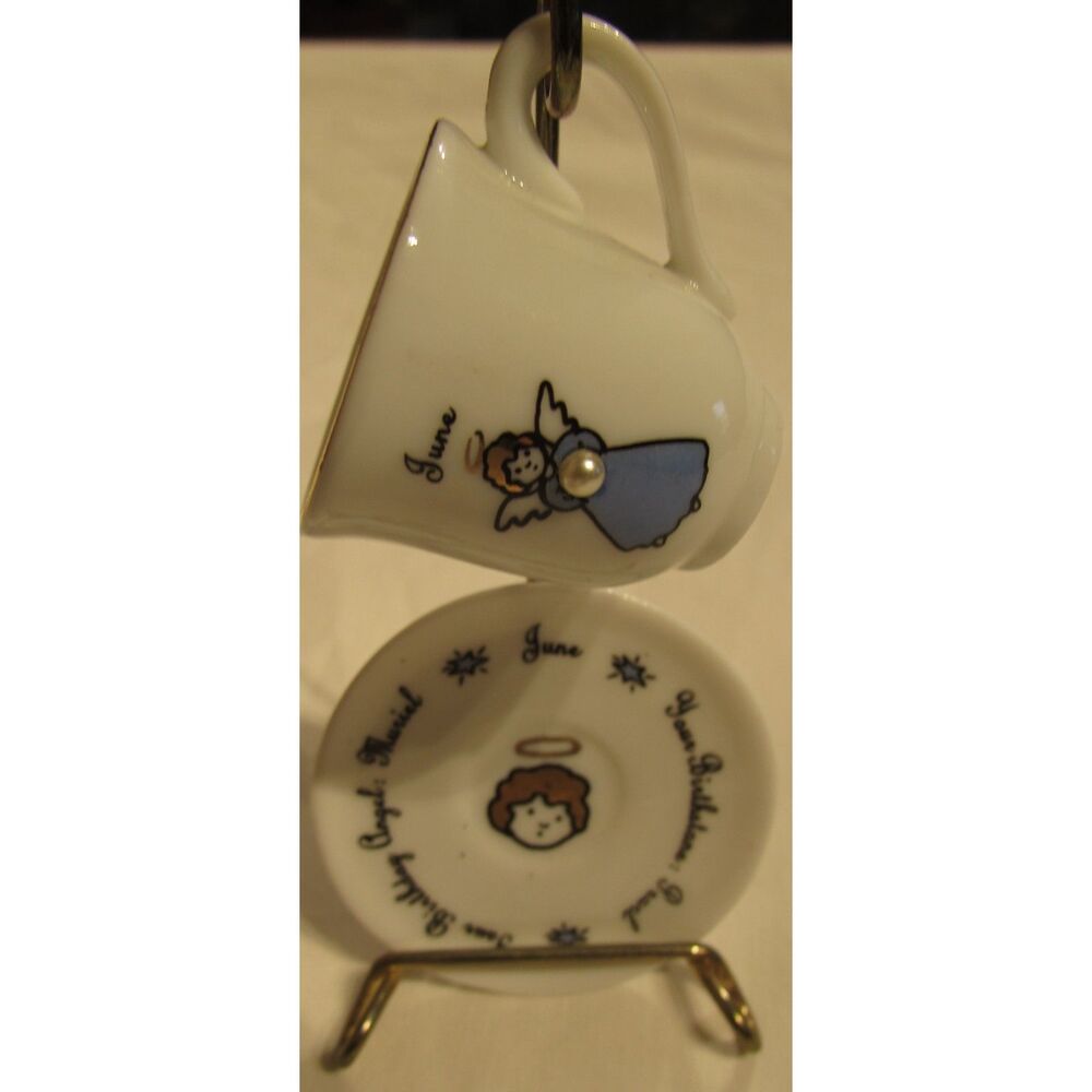 June birthday plate and cup miniature with stand Ganz angel blue saucer and cup